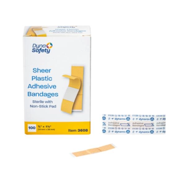 Dynarex Sheer Plastic Adhesive Bandages - Sterile, 3/8" x 1.5", 36/100/cs 3608