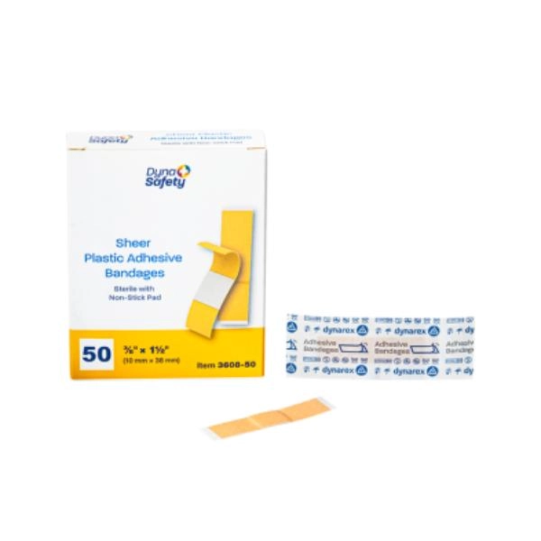Dynarex Sheer Plastic Adhesive Bandages - Sterile, 3/8" x 1.5", 72/50/cs 3608-50