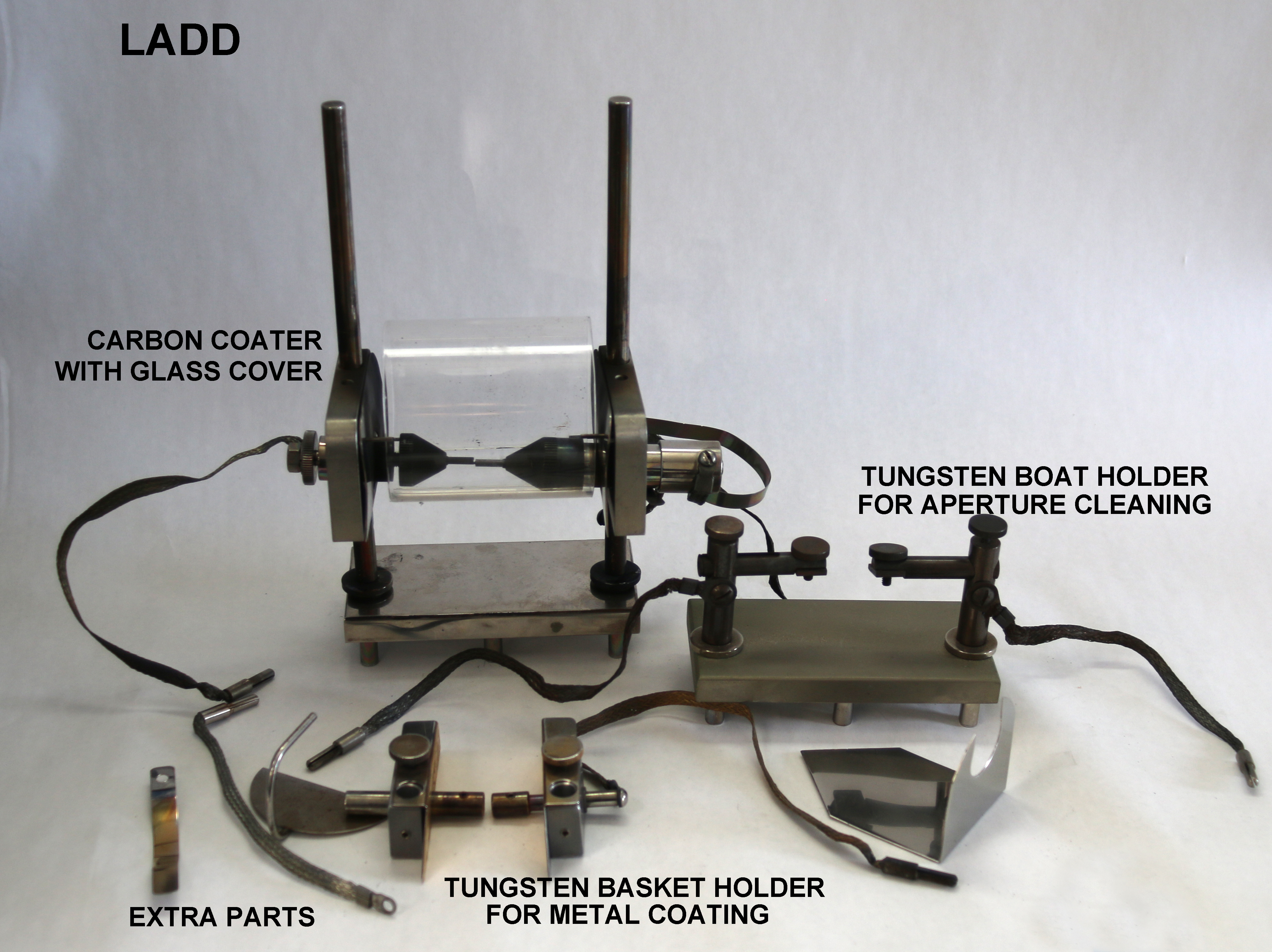 SEM vacuum evaporator carbon and metal evaporator stand  Aperture cleaning stand Plus accessories.  Ladd manufacturer 